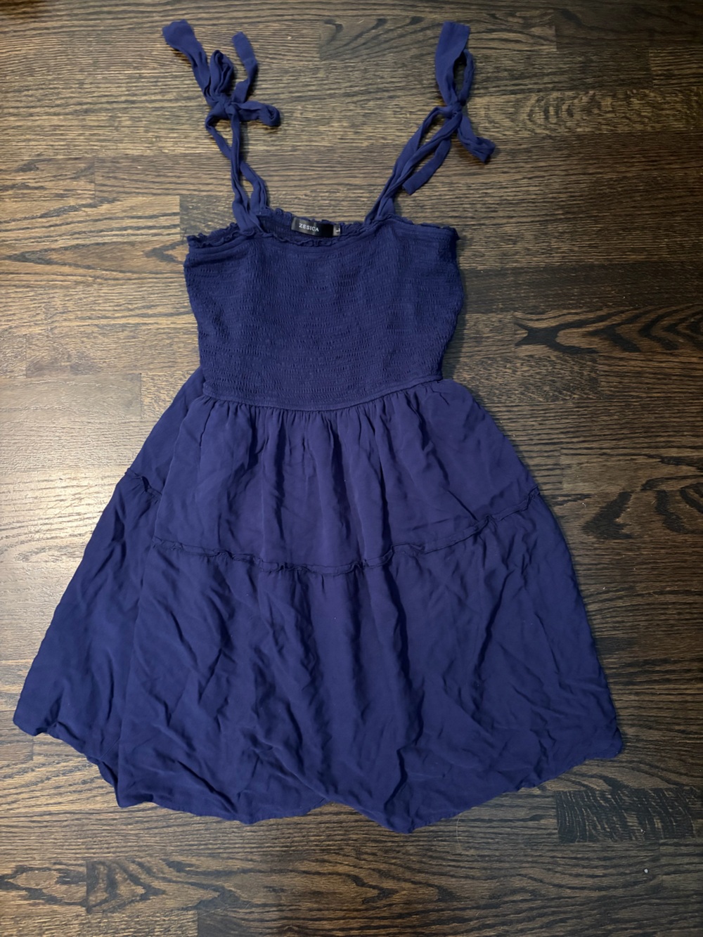 Smocked Bodice Tie-Shoulder Dress in Navy
